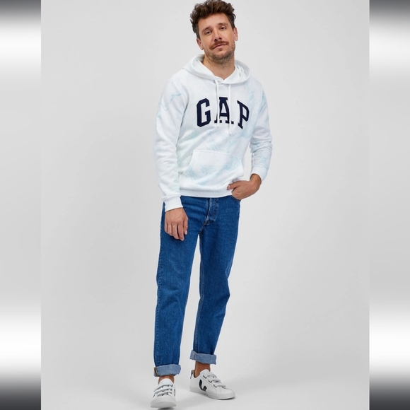 NWT! GAP, Logo Sweatshirt With Hood, White/Blue Swirl, Size XS - Picture 3 of 10